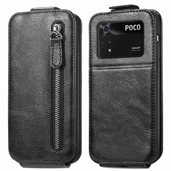 Vertical Flip Phone Etui med Zipper til Xiaomi Poco M4 Pro - Sort Black