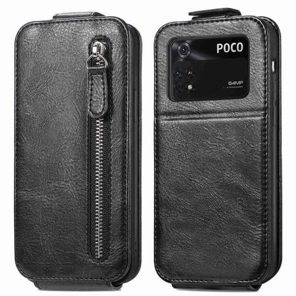 Vertical Flip Phone Etui med Zipper til Xiaomi Poco M4 Pro - Svart Black