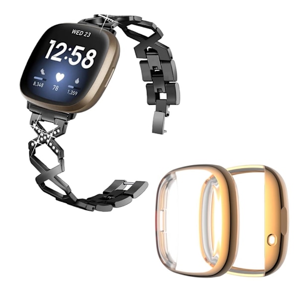 Fitbit Sense / Versa 3 X-formad strassdekor klockarmband med roséguldfodral - Svart Svart