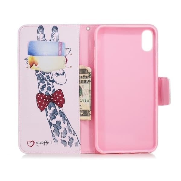 iPhone Xs Max flip cover i læder med mønsterprint - Giraf Med Briller Multicolor