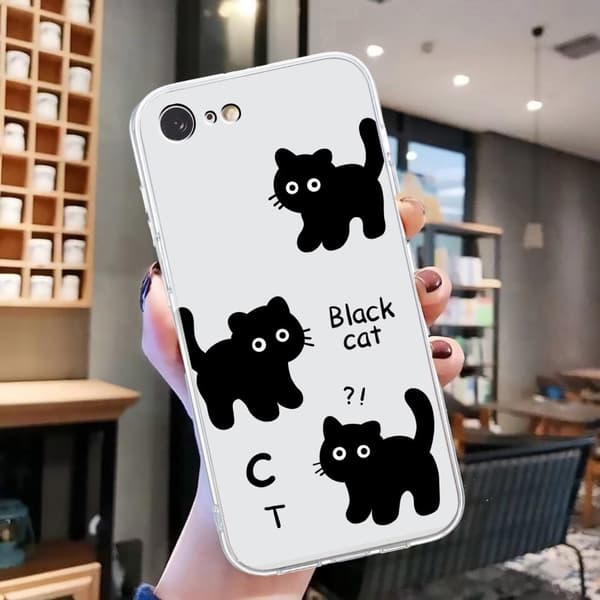 iPhone 16e-etui Blødt, fleksibelt telefonbagcover med mønsterprint - Sort Kat Black