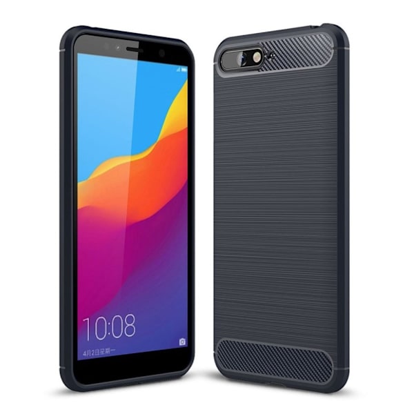 Huawei Y6 (2018) mobiletui i silikone- og plastik med en børstet overfalde samt carbon struktur - Mørkeblå Blue