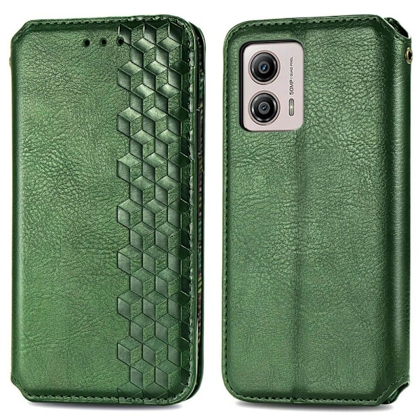 Læder Etui med A Stilfuldt Rhombus Tryk til Motorola Moto G53 - Grøn Green