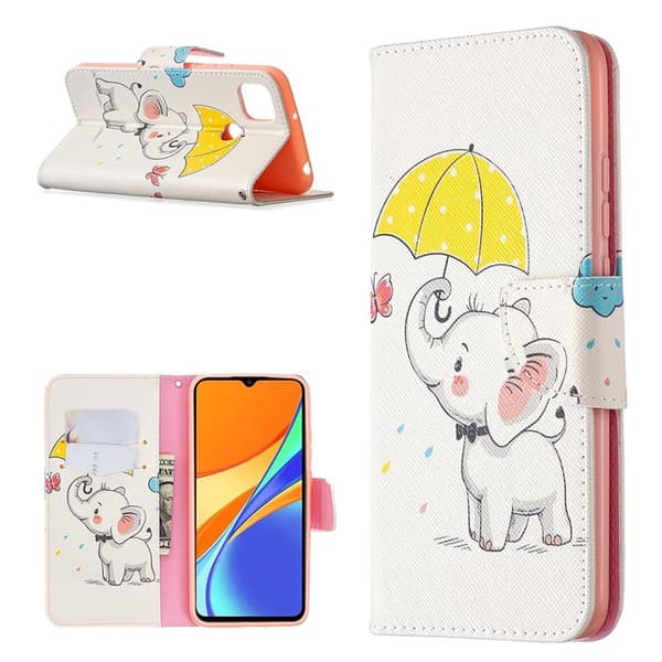 Wonderland Xiaomi Redmi 9C Flippetui - Elefant og Paraply Multicolor