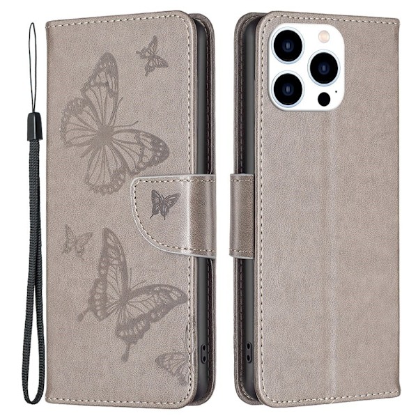 Butterfly iPhone 14 Pro skinnveske - Grå Silver grey