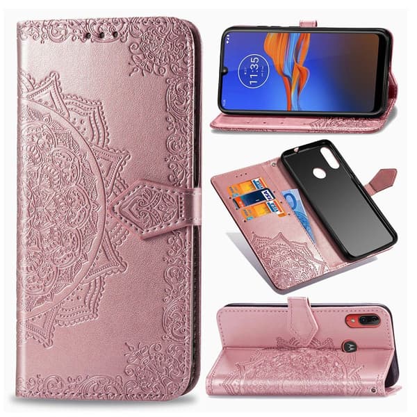 Mandala Motorola Moto E6 Plus etui i lær - Rose Gull Pink