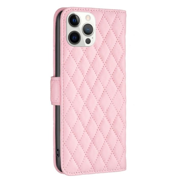 BINFEN COLOR Stødsikkert pungetui iPhone 12 Pro Max 6,7 tommer, BF Style-14 Påtrykt rombemønster Vegansk læder Mat anti-slid telefon cover med stativ Pink