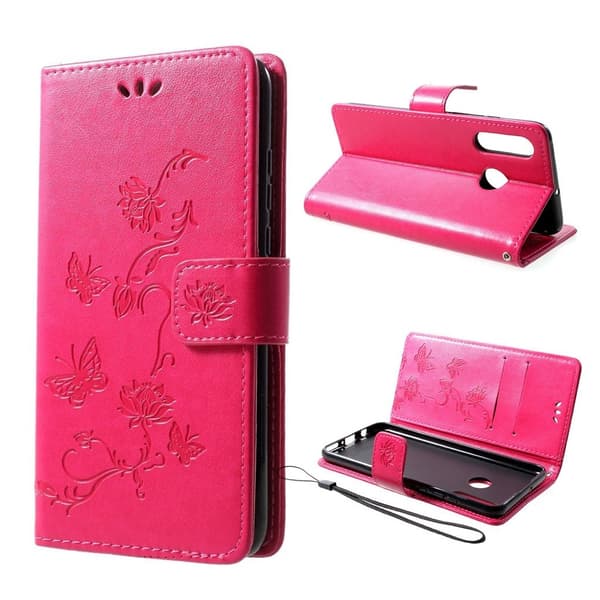 Huawei P30 Lite trykt sommerfugle blomster læder flip etui - Rød Red