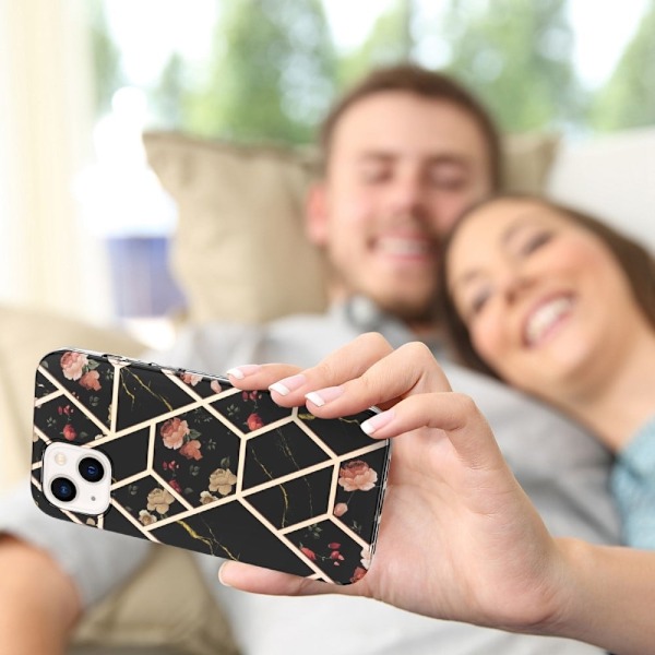 Marble design iPhone 14 Plus cover - Sorte Blomster Black