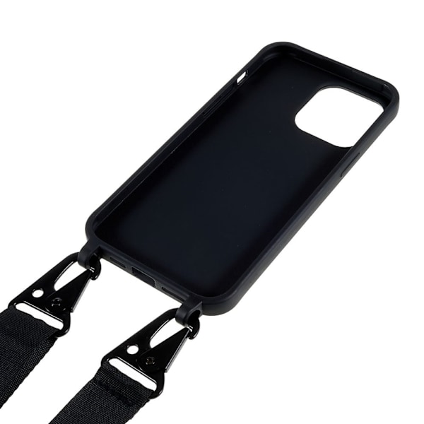 iPhone 14 Pro Max 6,7 tommer Drop Resistant Soft Flexible Matte Surface Phone Cover Protective Shell med bred lanyard - Sort Black
