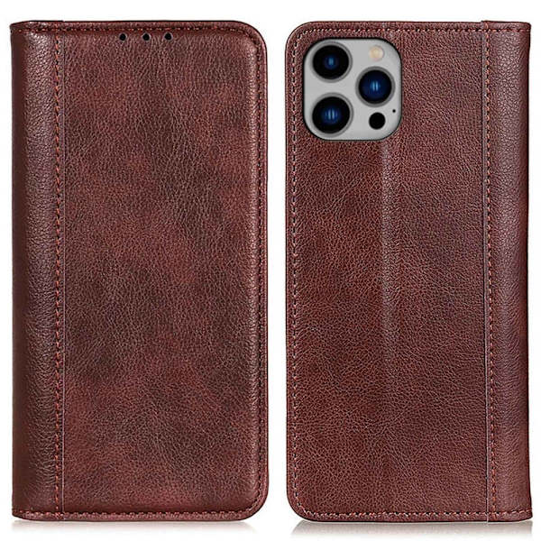 Ekte lærdeksel med magnetisk lukking for iPhone 14 Plus - Brun Brown