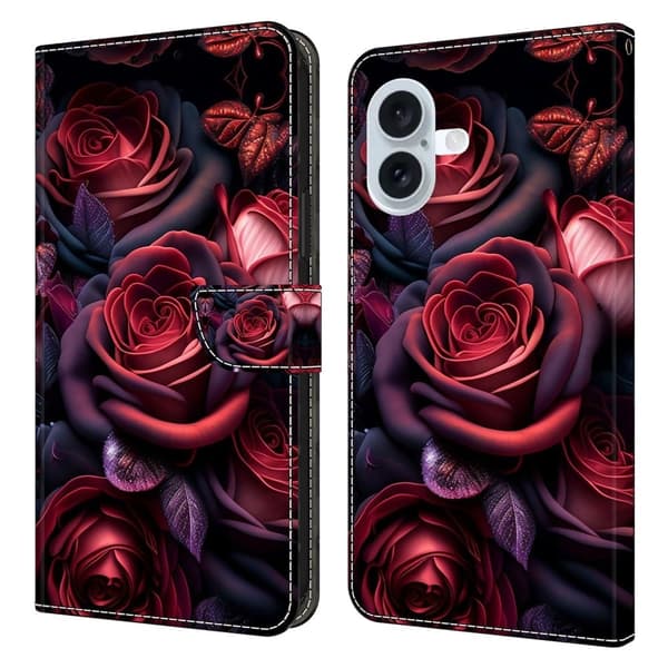 iPhone 16 Plånboksfodral Mönster Tryck Stativ Läder Flip Phone Cover - Svart Ros Röd