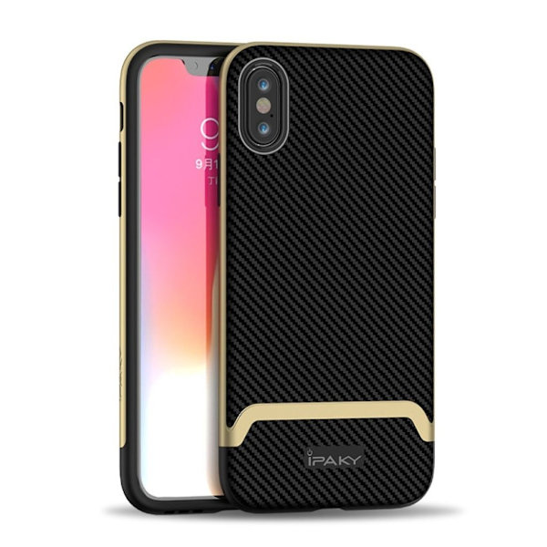 IPAKY iPhone 9 Plus mobilskal plast silikon kolfibertextur - Svart och guld multifärg