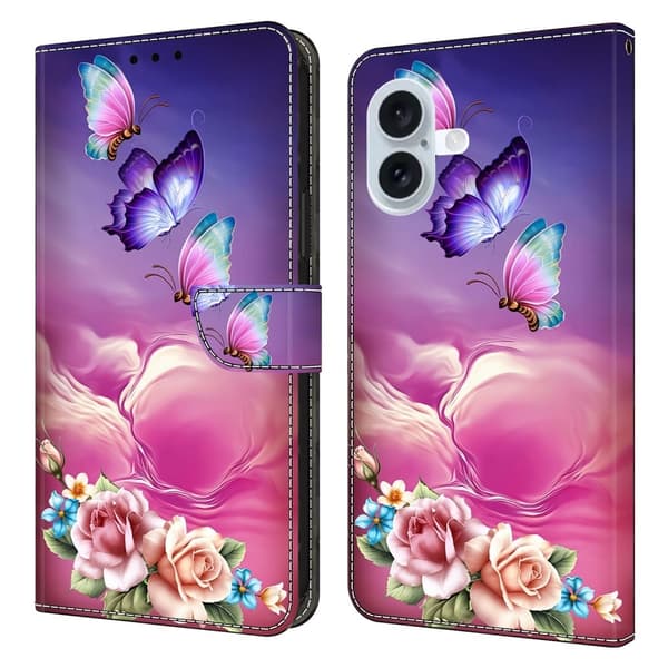 iPhone 16 Plus Plånboksfodral Mönster Tryck Stativ Läder Flip Telefonskal - Blommig Fjäril Rosa