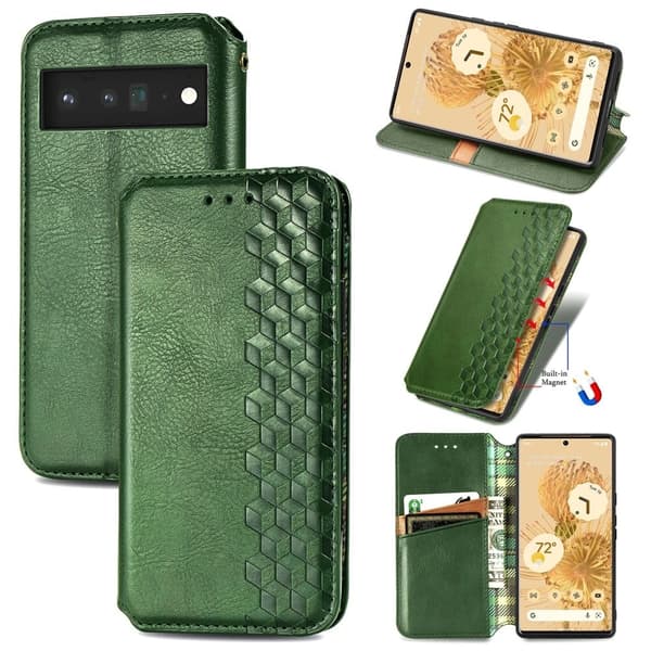 Läder Google Pixel 6 Pro fodral med romb-design - Grön Grön
