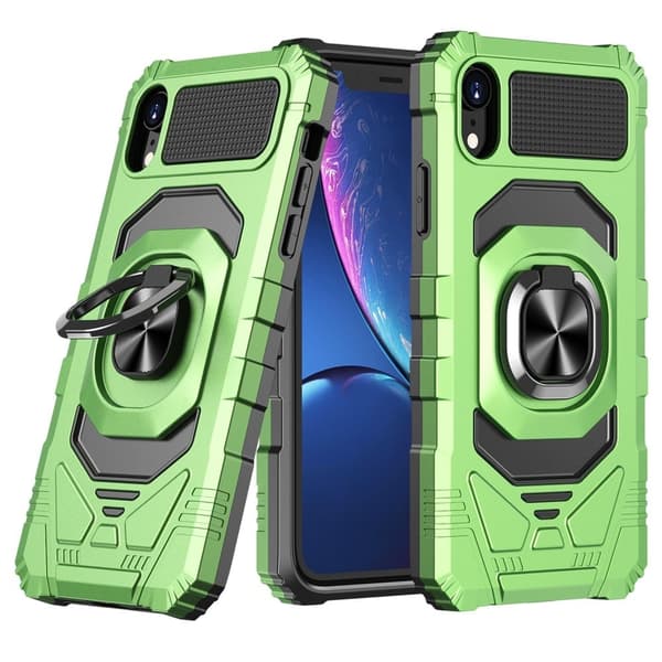 Slitstarkt hårdplastskydd med mjuk insida och ståstöd för iPhone Xr - Grön Grön