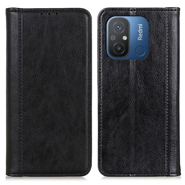 Xiaomi Redmi 12C / Xiaomi Redmi 11A ægte læderetui med magnetisk lukning - Sort Black