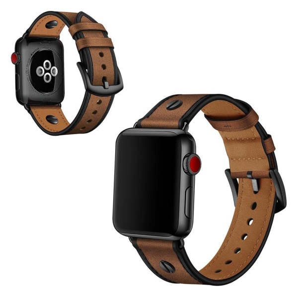 Apple Watch Series 5 44mm rivet décor genuine leather watch band - Crazy Horse Brown Brun