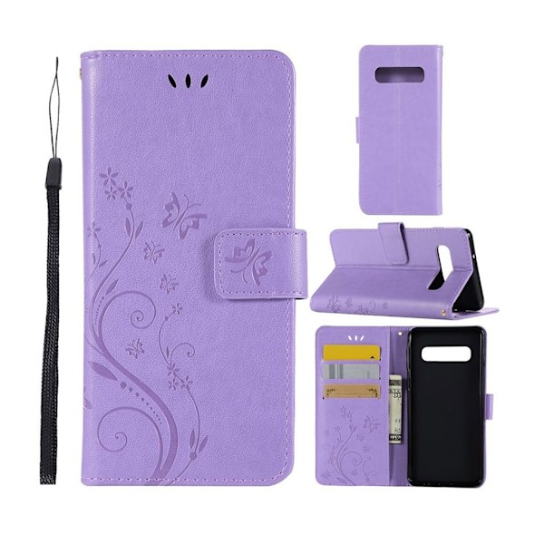 Samsung Galaxy S10 sommerfugle- og blomstertryk læder flip etui - Lilla Purple