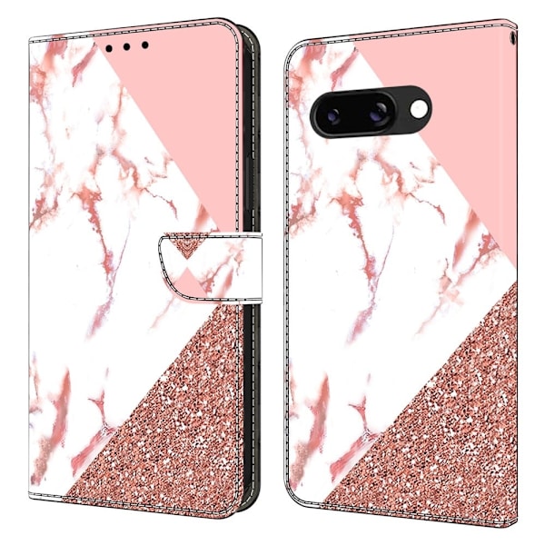 Google Pixel 9a Plånboksfodral Mönster Tryck Stativ Läder Flip Telefonskal - Triangulär Marmor Rosa