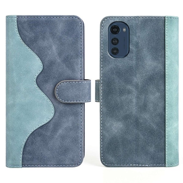 To Farvet Læder Flip Case til Motorola Moto E32 - Blå Blue