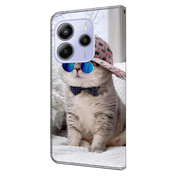 Xiaomi Redmi Note 14 5G Plånboksfodral Mönster Tryck Stativ Läder Flip Telefonskal - Hattkatt Silvergrå