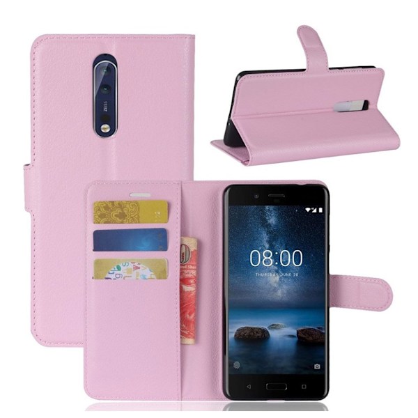 Nokia 8 Litchi skind læder etui - Lyserød Pink