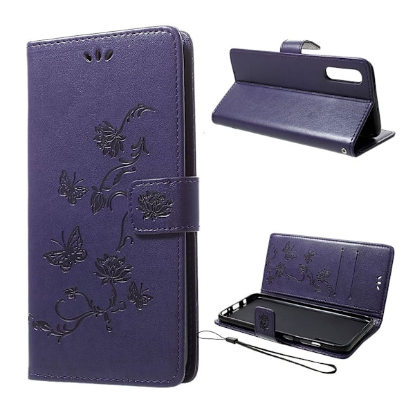 Samsung Galaxy A70 sommerfugleprint på lædercover - mørkelilla Purple