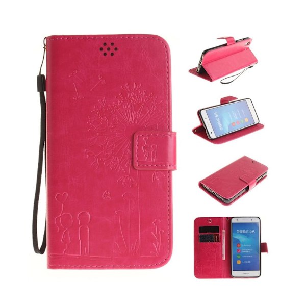 Huawei Y6 II præget læder-etui med strop - Hot Pink Pink