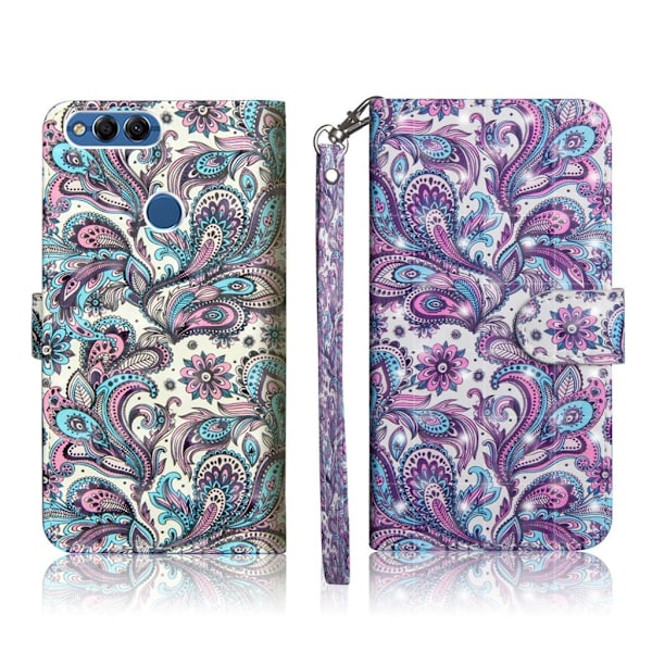 Huawei P Smart - Enjoy 7S mobilfodral syntetläder silikon stående plånbok - Paisley blomma multifärg