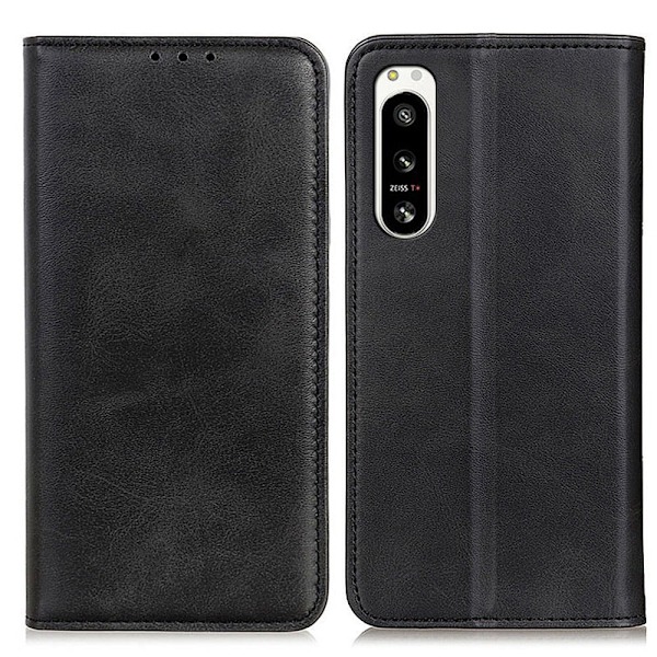 Flip Etui med Pung i Ægte Læder til Sony Xperia 5 Iv - Sort Black