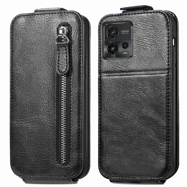 Vertical Flip Phone Etui med Zipper til Motorola Moto G72 - Sort Black