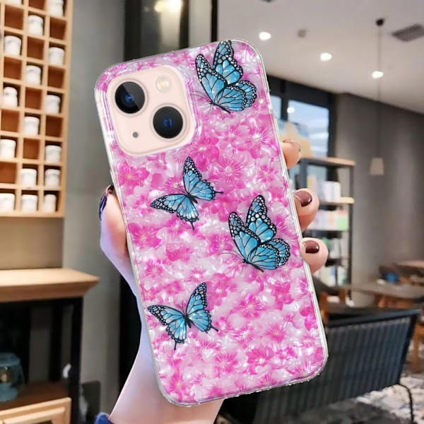 Marble iPhone 13 Etui - Sommerfugl og Blomst Pink
