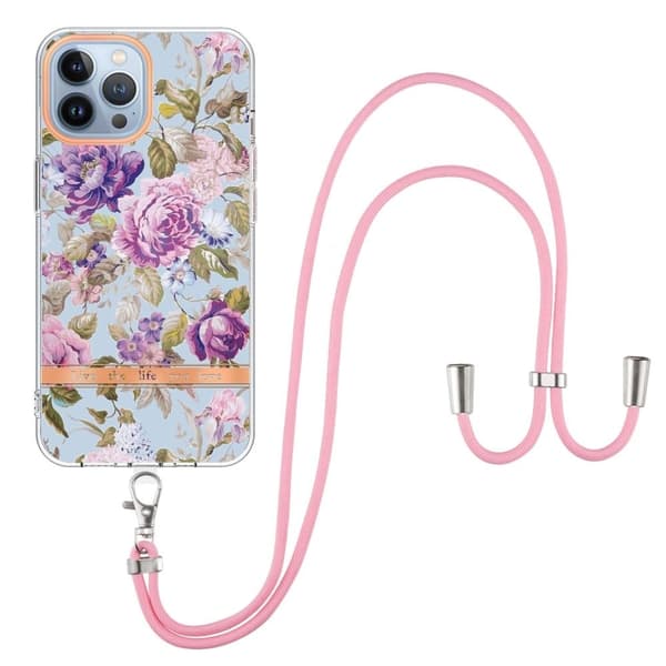 Slim And Durable Softcover With Lanyard For iPhone 14 Pro Max - Hc006 Violetti Peony Purple
