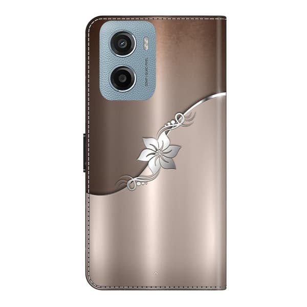 Motorola Moto E15 4G Fodral Magnetic Clasp 3D Pattern Läder Plånbok Telefonskal - Silverblomma Brun