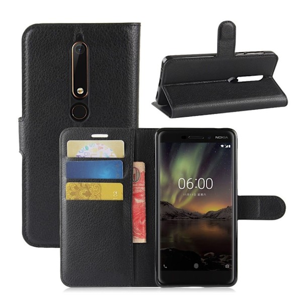 Nokia 6 (2018) litchi tekstur PU læder flip etui - Sort Black