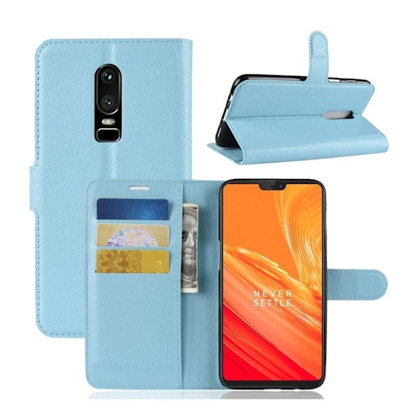 Oneplus 6 beskyttelsesetui i kunstlæder med Litchi overflade. Med stativ og kortlommer - Baby Blå Blue