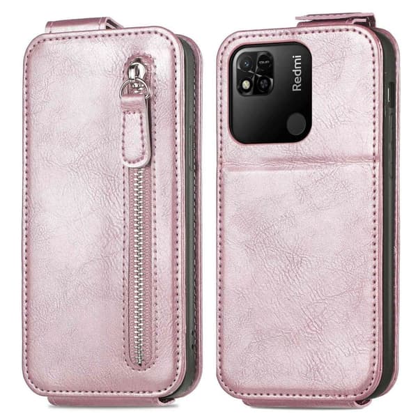 Vertical Flip Phone Etui med Zipper til Xiaomi Redmi 10A - Rødguld Pink