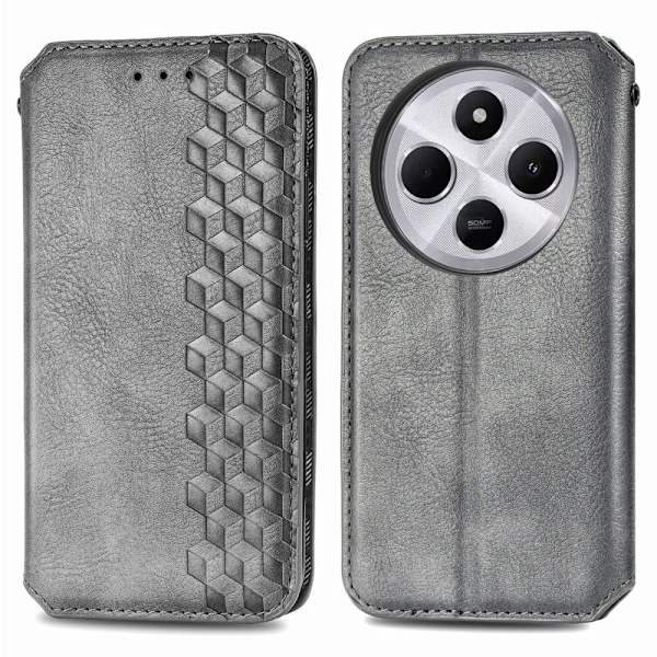 Läder Xiaomi Redmi 14C / Xiaomi Redmi 14R fodral med romb-design - Grå Silvergrå