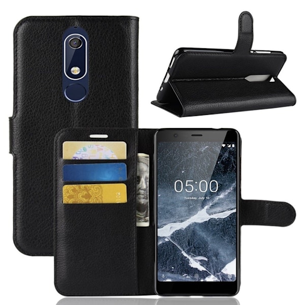 Nokia 5.1 Liitsihedelmän Jyväinen Upea seisova Synteetti Nahka Lompakko Kotelo - Musta Black