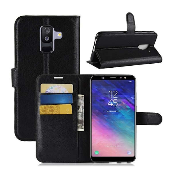 Samsung Galaxy A6 Plus (2018) mobilfodral PU läder skyddande korthållare sedelförvaring stående läge - Svart Svart