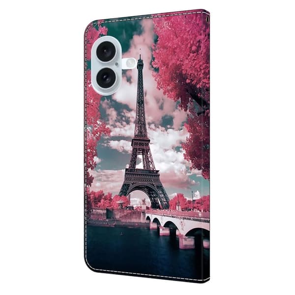iPhone 16 Plus Etui med pung Mønster print Stand Leather Flip Phone Cover - Eiffeltårnet Pink