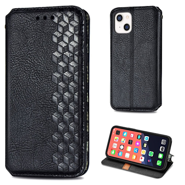 Nahkakotelo With A Stylish Rhombus Imprint For iPhone 13 - Musta Black