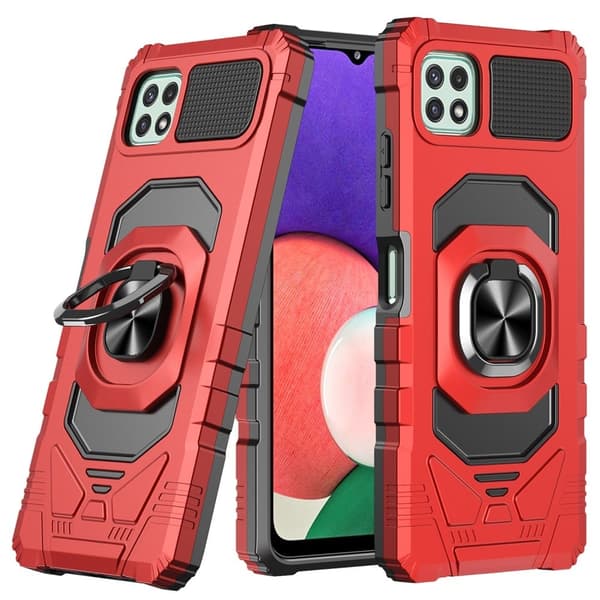 Slitesterkt hardplastdeksel med myk innside og kickstand for Samsung Galaxy A22 5G - Rød Red