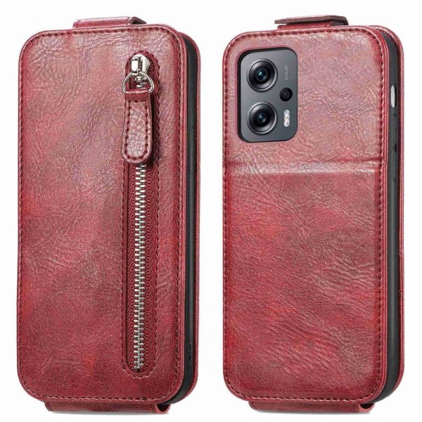 Vertical Flip Phone Suojakotelo With Zipper For Xiaomi Redmi Note 11S 5G / Poco M4 Pro 5g / Note 11t 5g - Punainen Red