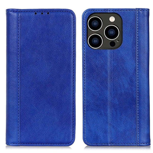 iPhone 14 Pro ægte læderetui med magnetisk lukning - Blå Blue