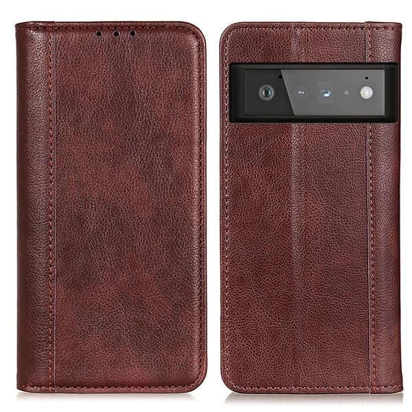 Ekte lærdeksel med magnetisk lukking for Google Pixel 6 Pro - Brun Brown