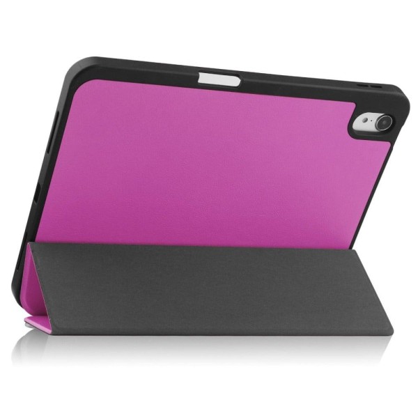 iPad 10.9 (2022) Tablet-etui i vegansk læder Tri-fold Stand Auto Wake / Sleep Beskyttelsescover med penneplads - Lilla Purple