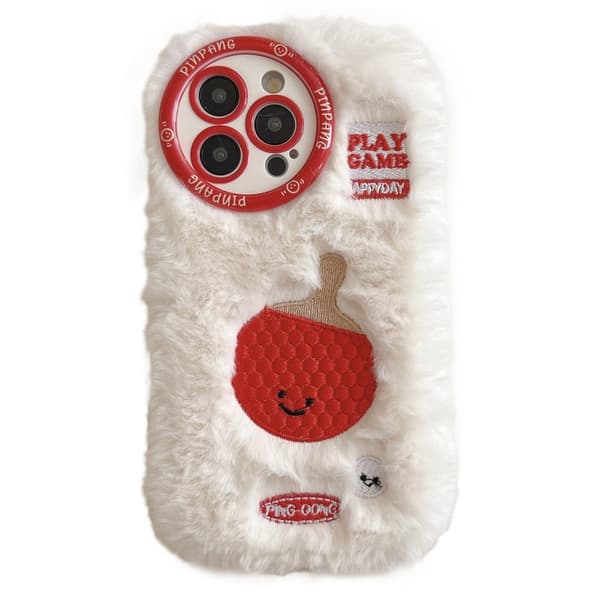 iPhone 16 Pro Max Case Cute Racket Pattern Furry Flexible Warm Phone Cover - Ping-Pong Racket Pink