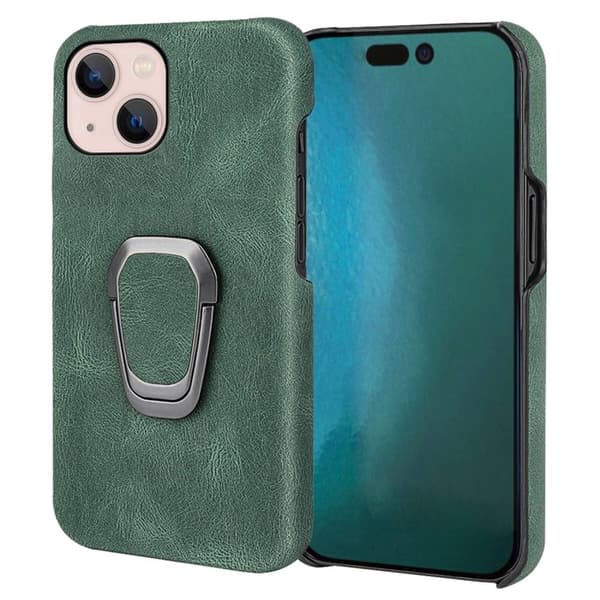 Stødsikkert lædercover med oval støttefod til iPhone 14 - Grøn Green